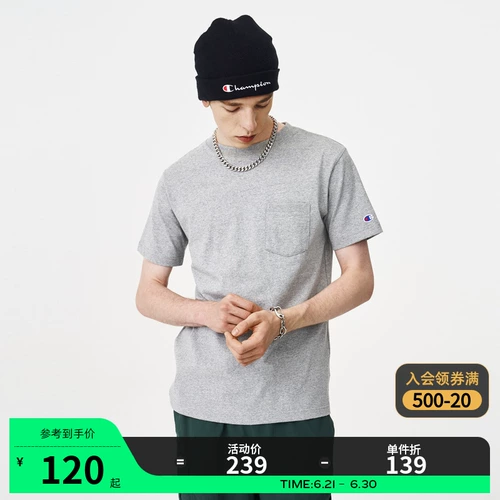 Чемпионский Чемпион Официальный веб -сайт Флагманский офицер магазина T -Focket Pure Cotton Cotton Round Seck White Elive Мужчины и женщины ранней весной