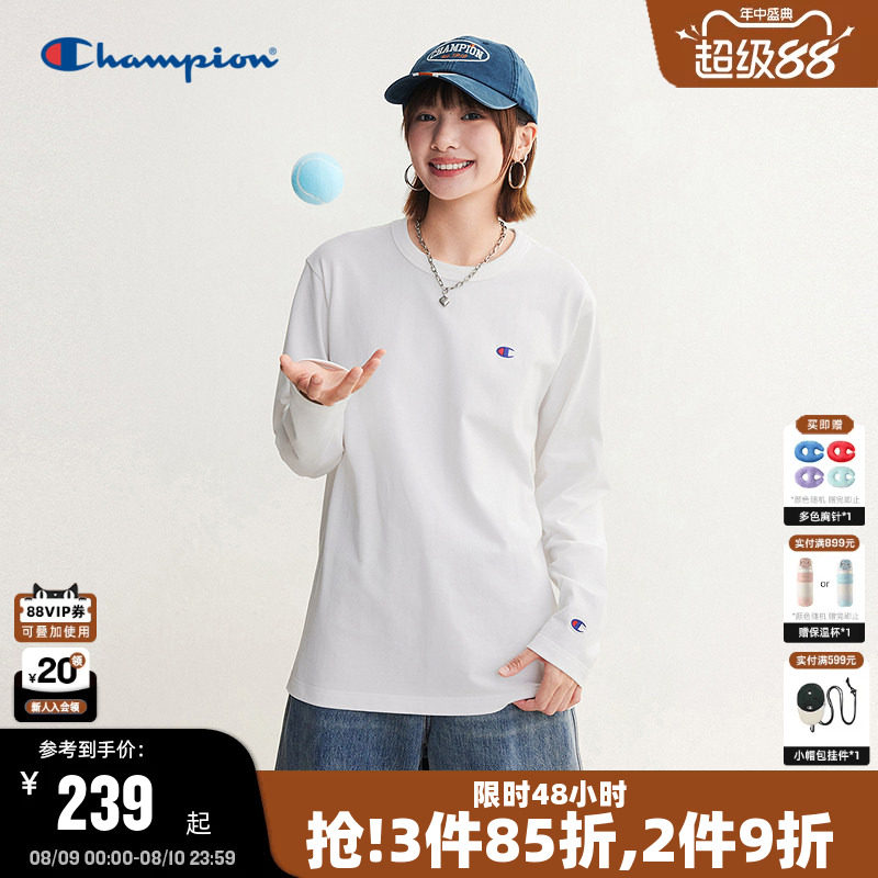 Champion冠军长袖T恤男2026秋季新款全棉基础款纯色打底衫女休闲