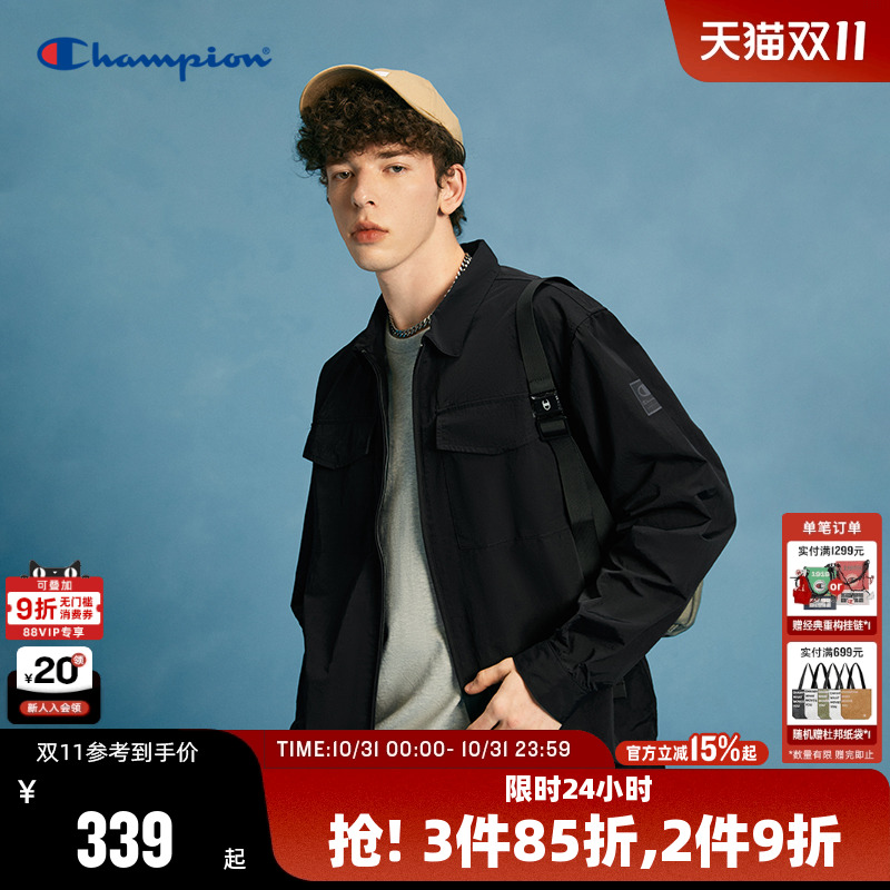 Champion冠军衬衫外套男春秋款翻领大口袋宽松休闲拉链开衫工装风