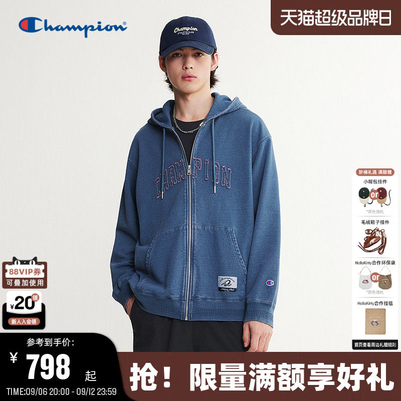 Champion纯棉牛仔蓝连帽开衫卫衣图片