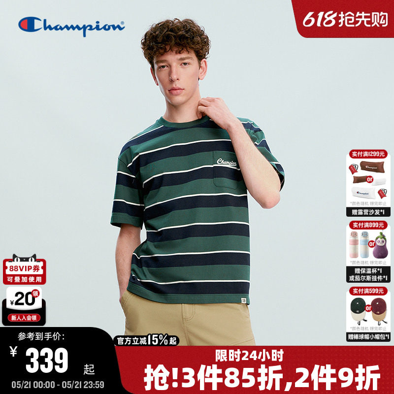 Champion冠军短袖男2026夏季新款纯棉条纹T恤女宽松圆领休闲美式