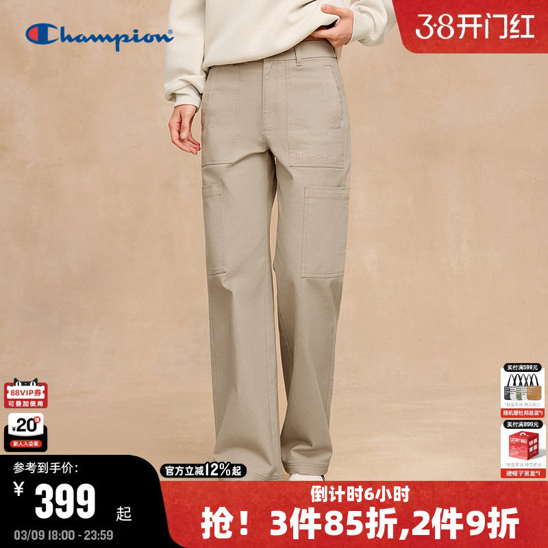 Champion冠军休闲裤女2025秋季新款斜纹直筒长裤复古简约风多口袋