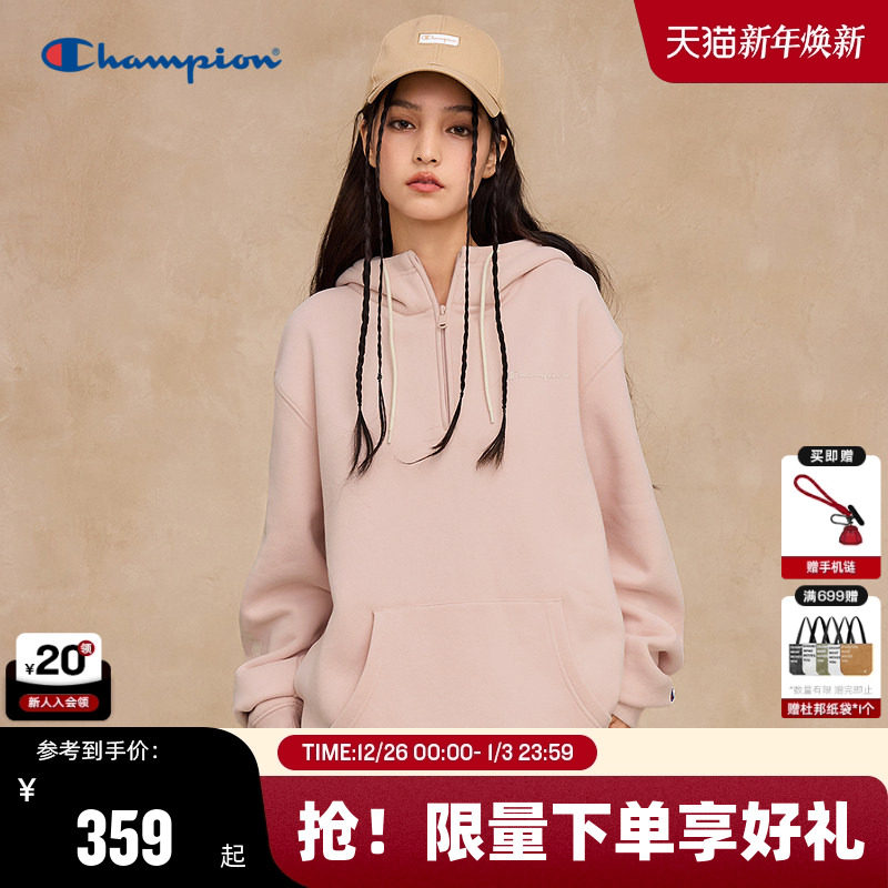Champion冠军加绒连帽卫衣男2025冬季新款美式风半拉链上