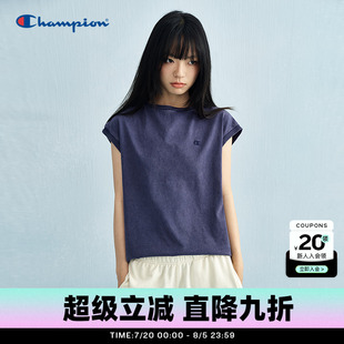 做旧t恤纯棉 Champion冠军短袖 女25夏季 无袖 背心丹宁牛仔风秋季