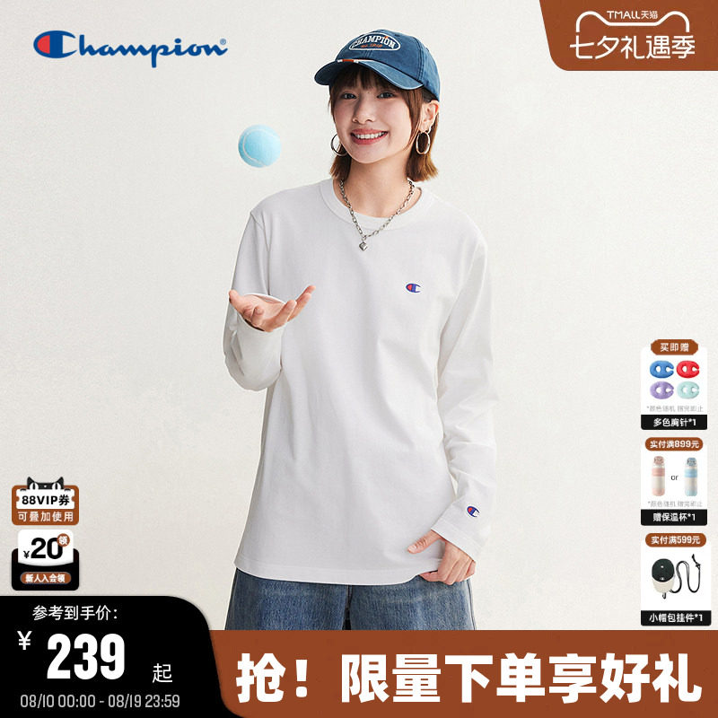 Champion冠军长袖T恤男2026秋季新款全棉基础款纯色打底衫女休闲