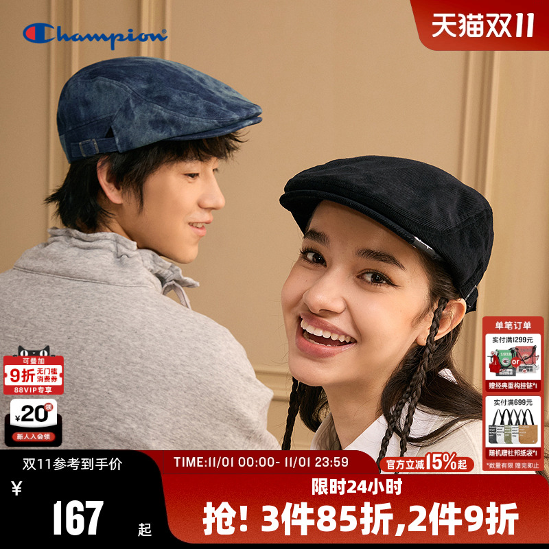 Champion冠军前进帽男2024冬季新款灯芯绒贝雷帽女复古风牛仔风潮