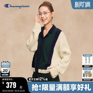 长袖 新款 开襟上衣复古拼接潮牌秋毛衣 女25冬季 Champion冠军针织衫