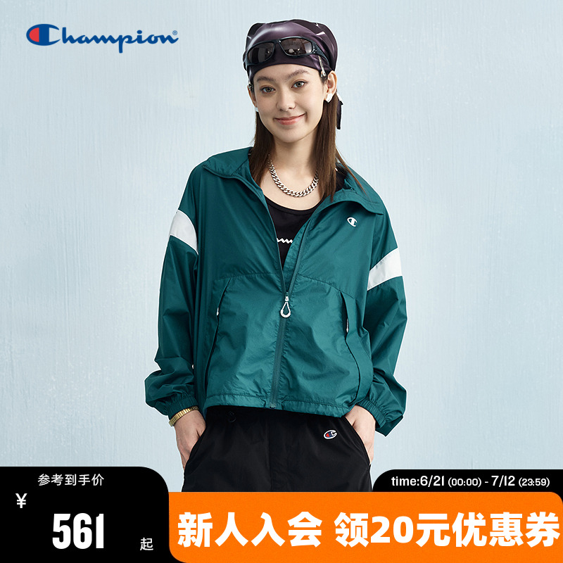 Champion冠军夹克外套女2025夏季新款翻领休闲拉链抽绳撞色上衣潮