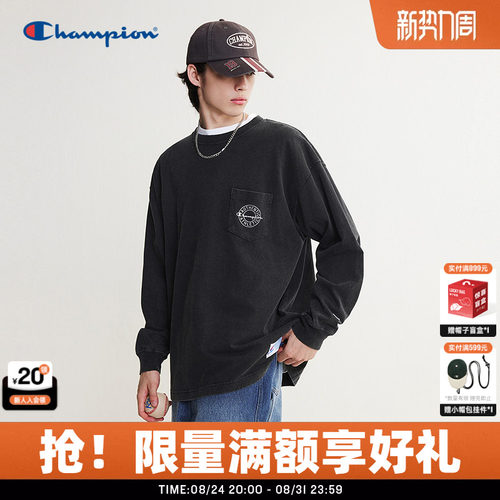 Champion男全棉复古做旧长袖T恤