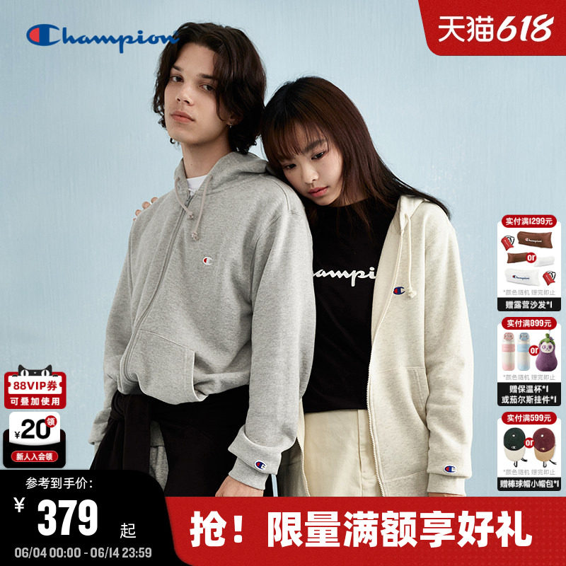 Champion冠军连帽卫衣男春秋款刺绣拉链开衫日系校园风情侣
