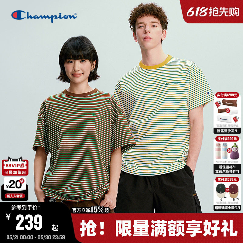 Champion冠军短袖男2026夏季新款复古条纹宽松T恤女清爽全棉休闲
