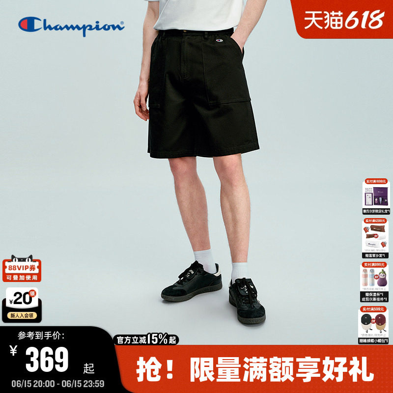 Champion冠军纯棉短裤男2026夏季新款黑色抽绳直筒宽松运动休闲裤