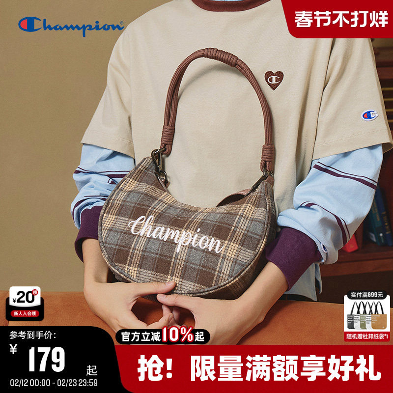 Champion冠军单肩包2025秋冬新款月牙包女格纹斜挎包男通勤腋下包