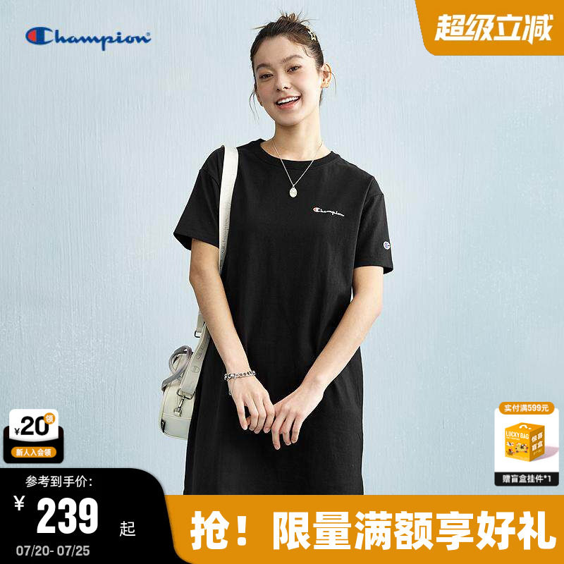 Champion冠军连衣裙2025夏季新款简约纯色休闲纯棉短袖t恤裙女士