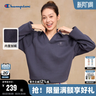 Champion冠军加绒卫衣女2025冬季 女士卫衣V领都市格调保暖秋 新款