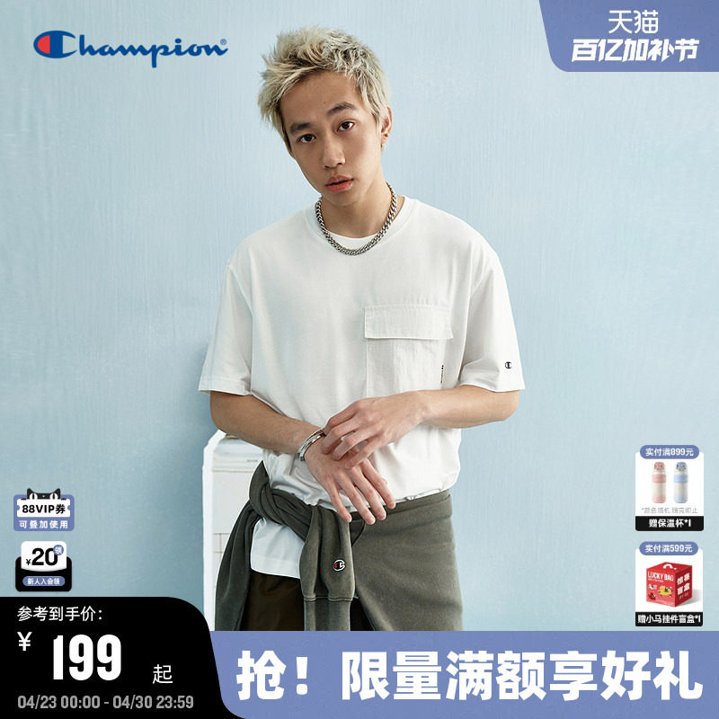 Champion冠军圆领t恤男夏季新款圆领刺绣工装口袋短袖上衣潮