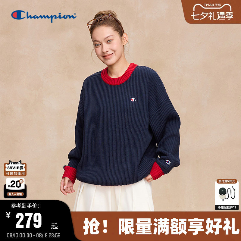 Champion冠军毛衣男2025秋季新款混色拼接圆领针织衫保暖美式风