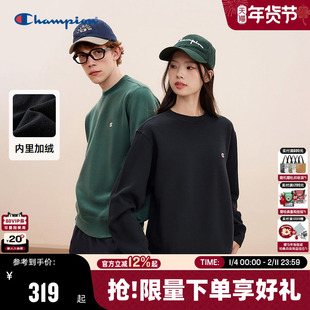 Champion冠军情侣卫衣男2025冬季新款加绒刺绣圆领休闲红色上衣秋