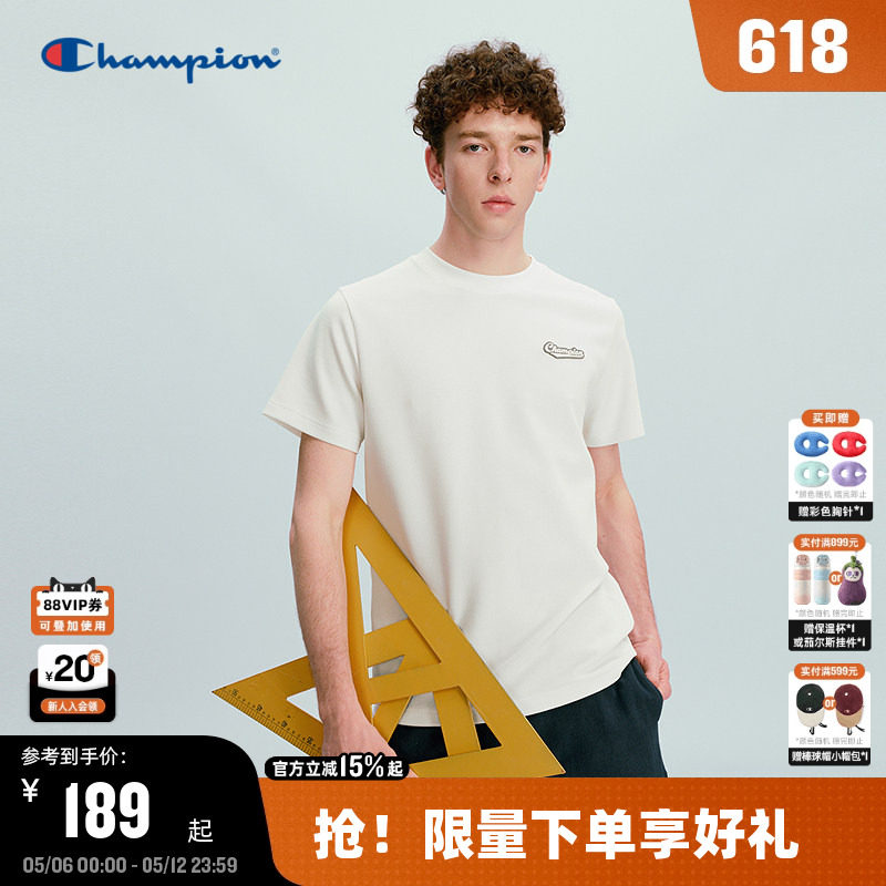 Champion短袖T恤男2026夏季新款圆领华夫格宽松上衣女情侣装美式