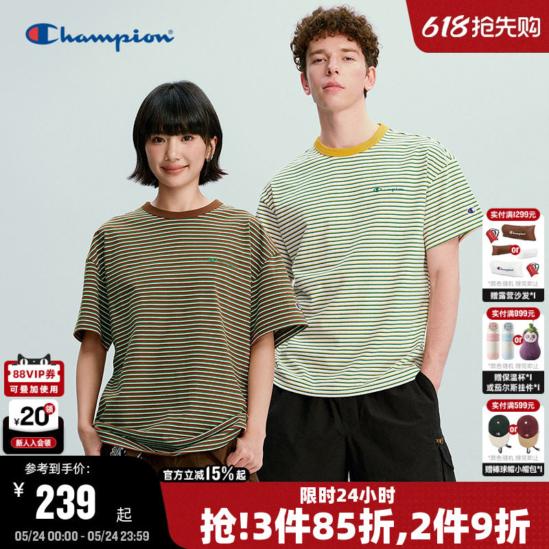 Champion冠军短袖男2026夏季新款复古条纹宽松T恤女清爽全棉休闲