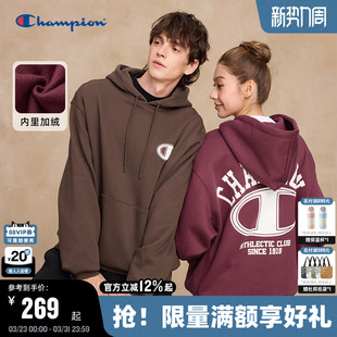 复古风秋季 红色上衣潮美式 新款 Champion冠军加绒连帽卫衣男25冬季