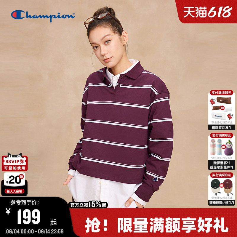 Champion冠军Polo衫女秋季新款翻领条纹经典简约长袖衬衫潮牌