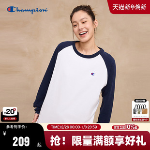 打底衫 Champion冠军长袖 刺绣插肩袖 新款 女撞色基础 T恤男2025秋季