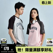 新款 圆领25夏季 刺绣纯棉T恤红色拼接潮牌 插肩袖 Champion冠军短袖