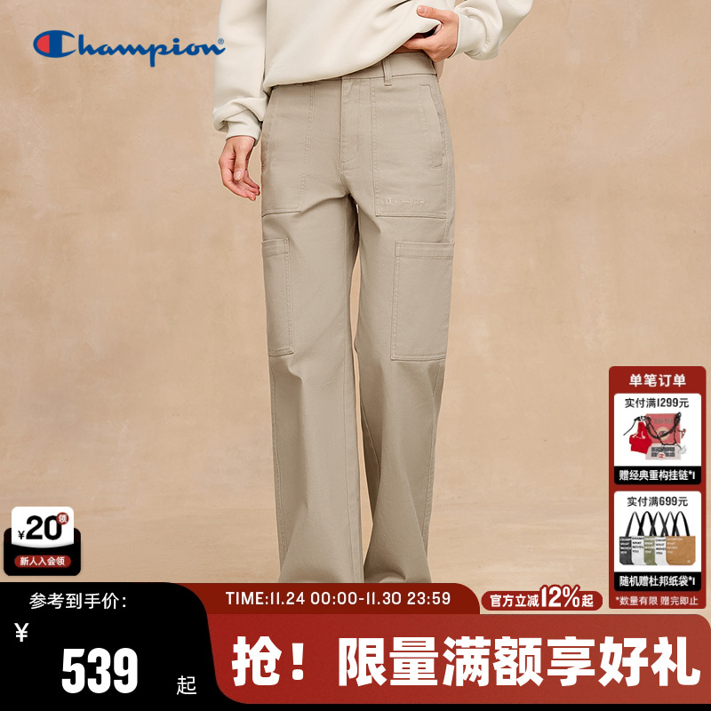 Champion冠军休闲裤女2025秋季新款斜纹直筒长裤复古简约风多口袋
