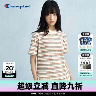 Champion冠军短袖 针织条纹圆领T温婉气质风上衣 t恤女2025夏季 新款