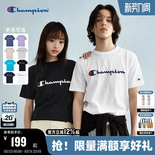 胶印草写LOGO宽松上衣女潮牌 新款 Champion冠军短袖 T恤男2026春季