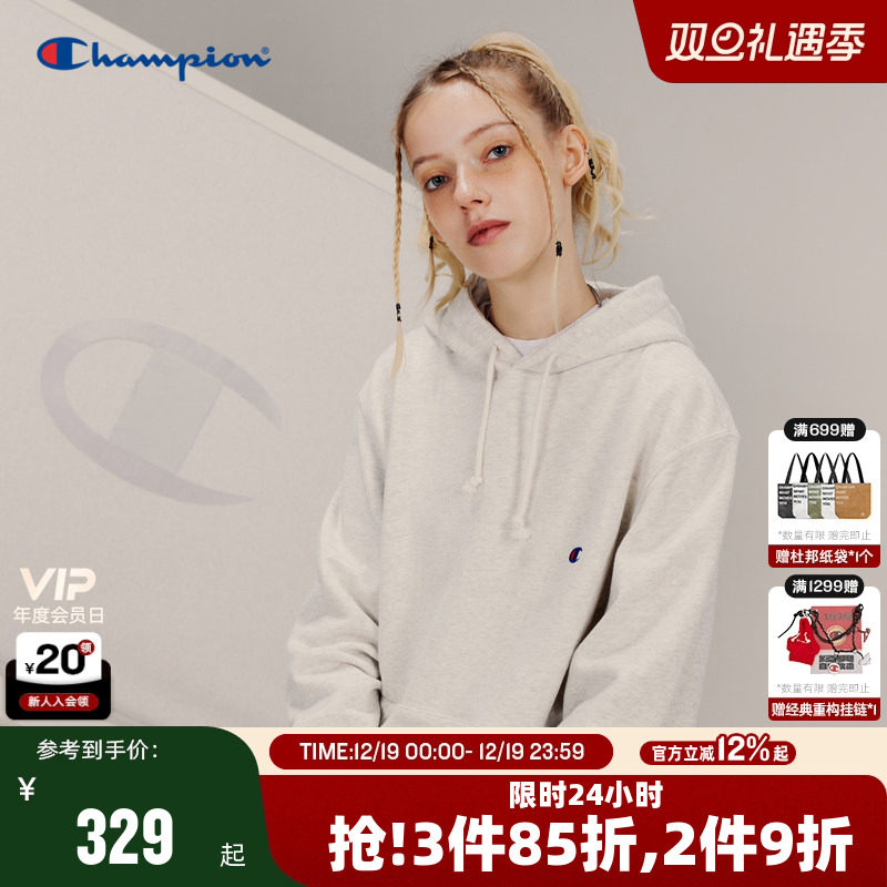 Champion冠军秋冬刺绣连帽卫衣女情侣纯色复古休闲男灰色美式潮牌