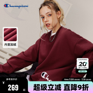Champion冠军加绒卫衣女秋季 印花加厚红色 新款 休闲上衣美式
