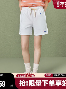 Champion冠军夏季裤子女短裤纯棉刺绣休闲裤直筒健身运动卫裤白色