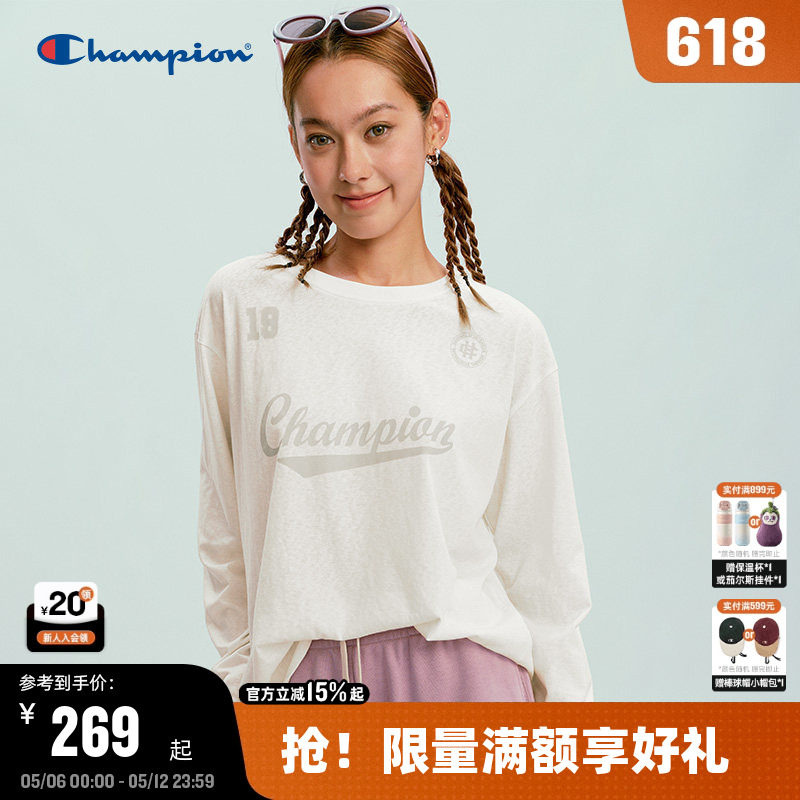 Champion冠军长袖T恤女2026春季新款圆领印花打底罩衫软复古少女