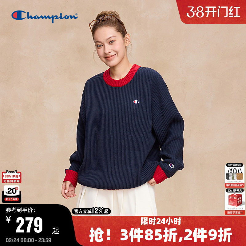 Champion冠军毛衣男2025秋季新款混色拼接圆领针织衫保暖美式风