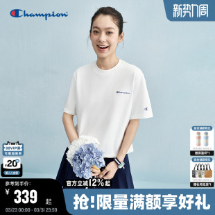 Champion冠军短袖女夏季新款潮牌纯棉T恤可调节抽绳下摆运动