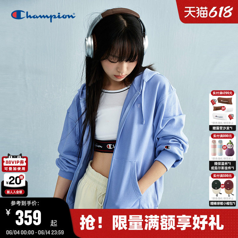 Champion冠军开襟连帽卫衣女春秋新款潮牌开衫外套简约刺绣