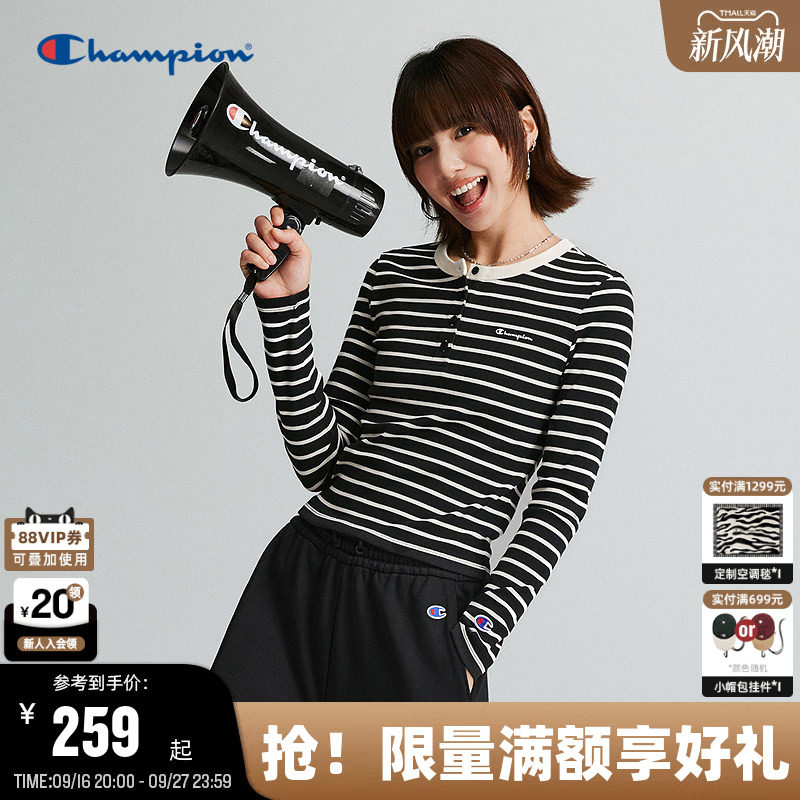 Champion复古条纹修身长袖T恤女图片