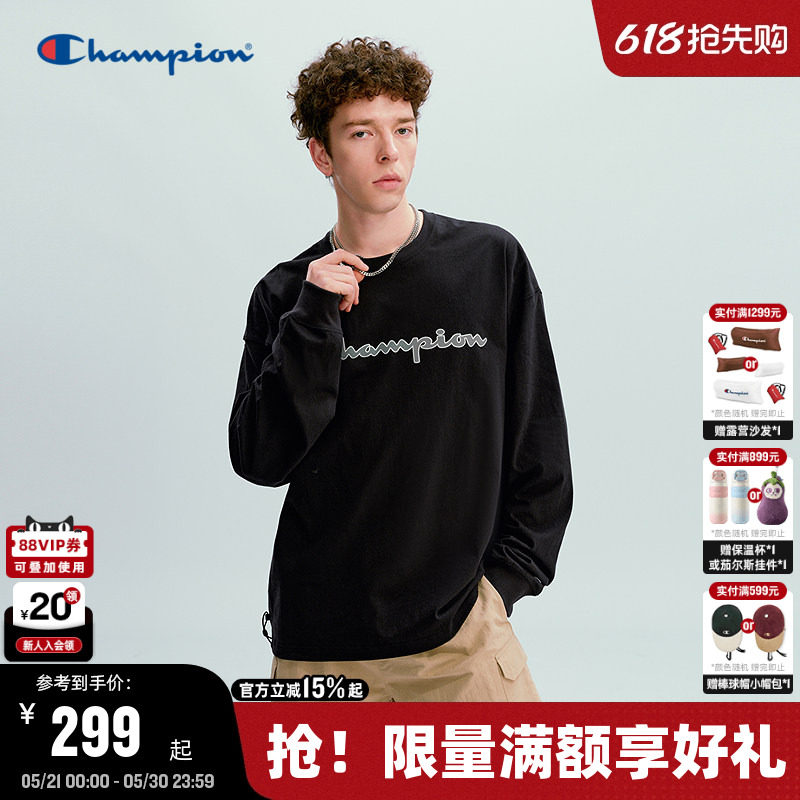Champion冠军长袖T恤男2026春季新款简约纯棉宽松上衣女印花logo