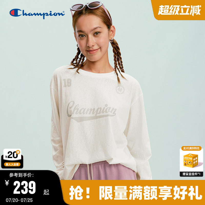 Champion冠军长袖T恤女2026春季新款圆领印花打底罩衫软复古少女