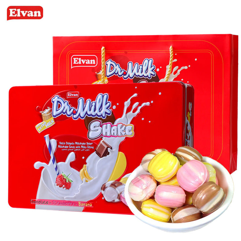 土耳其进口综合水果味牛奶软糖果ELvan香蕉牛奶巧克力喜糖铁礼盒