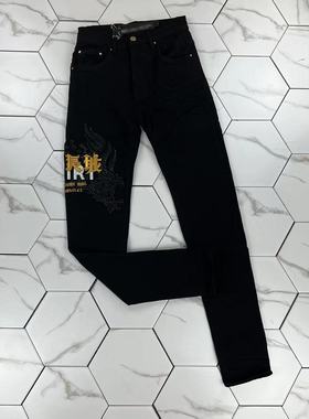 Gaorl23FW新款水洗做旧中国长城刺绣logo黑钻老鹰黑色牛仔裤AM