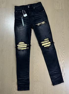 Gaorl25SS新款MX1水洗做旧破坏黄腰果花拼布黑色牛仔裤微弹修身AM