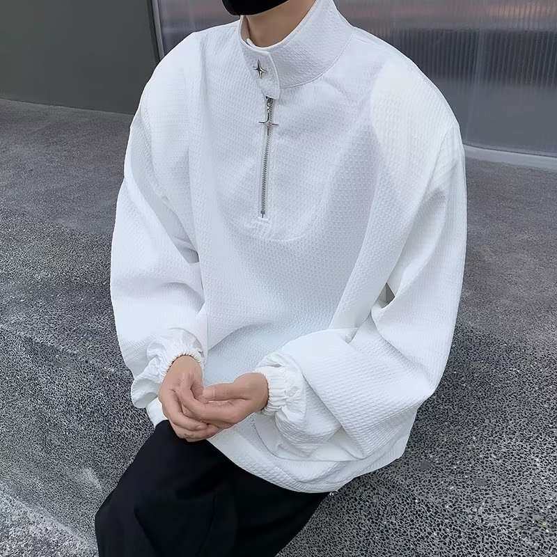 华夫格卫衣男士Z小高领设计感半拉链宽松长袖polo衫垫肩质感t恤秋