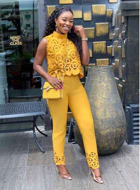 亚马逊外贸女装2024新款气质无袖镂空上衣裤子黄色套装欧美两件套