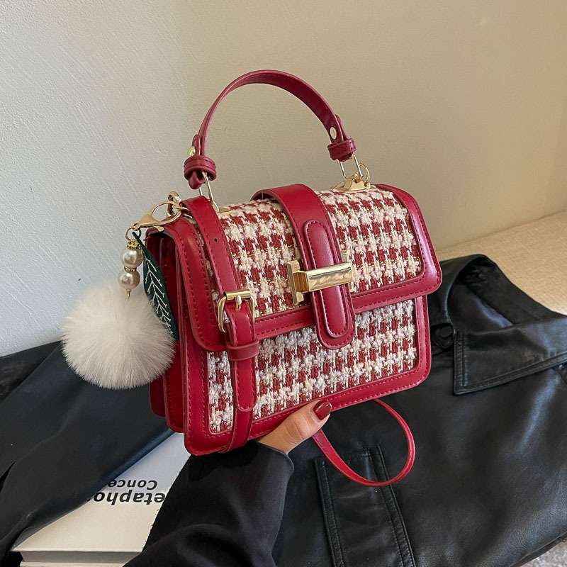 2024春季新款女包包时尚千鸟格小方包简约红色百搭手提单肩斜挎包