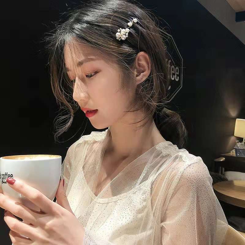 气质简约花朵一字夹镶珍珠发夹韩国气质抖快网红头饰边夹子潮发卡