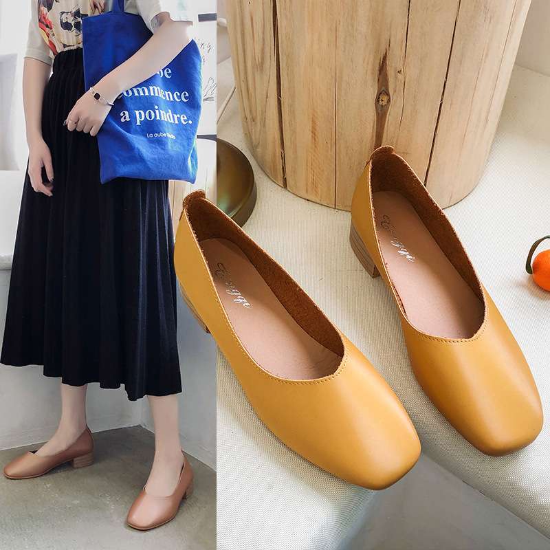 女式单鞋韩版纯色2021秋季新款浅口中跟豆豆鞋女软皮粗跟工作鞋女