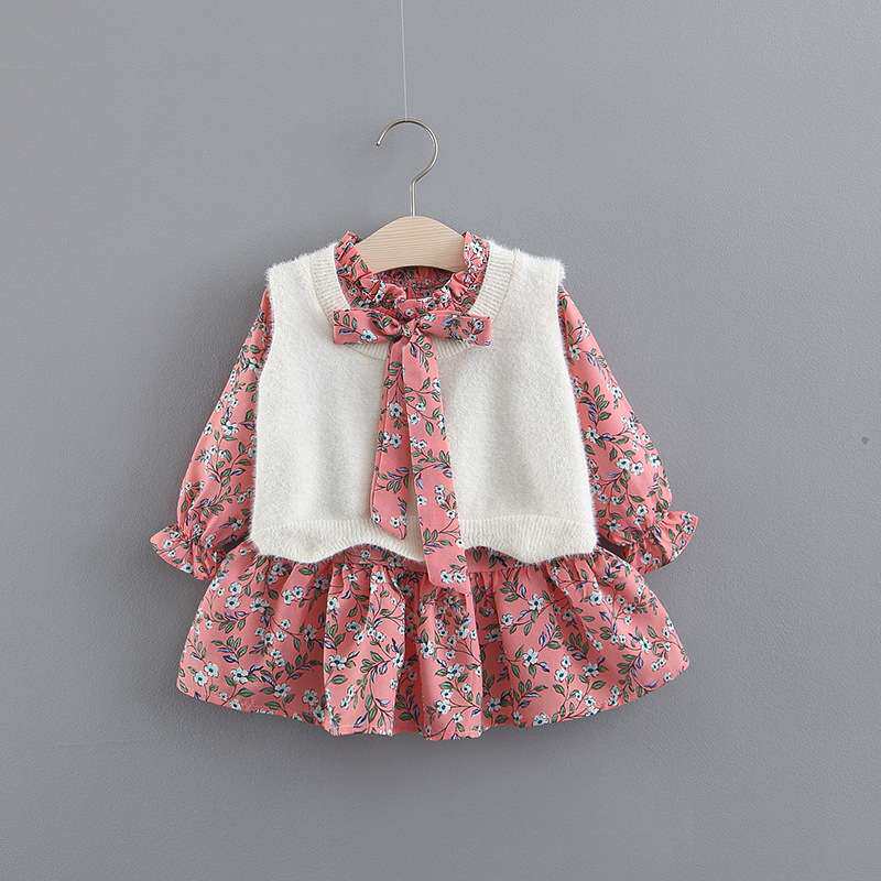 童装女宝服装水貂绒马甲+长袖连衣裙衫两件套
